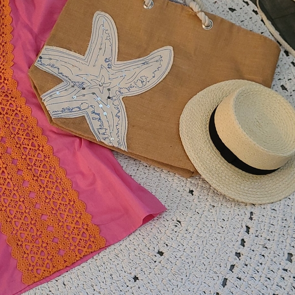 SALE NWOT LG BLUE WHITE STARFISH BEACH BURLAP BAG - Picture 9 of 16